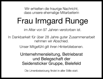 Traueranzeige von Irmgard Runge von Neue Westfälische