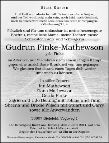 Traueranzeige von Gudrun Finke-Mathewson von Neue Westfälische