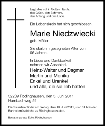 Traueranzeige von Marie Niedzwiecki von Neue Westfälische