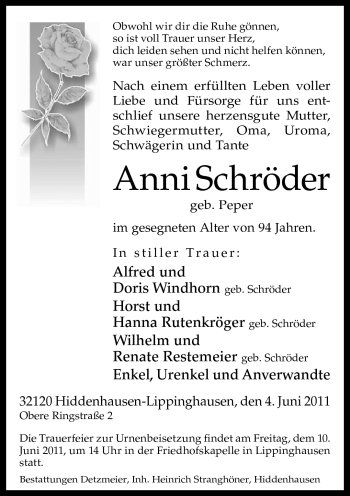 Traueranzeige von Anni Schröder von Neue Westfälische