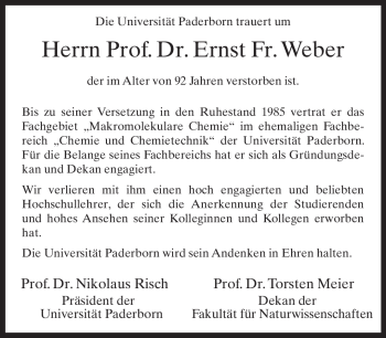 Traueranzeige von Ernst Fr. Weber von Neue Westfälische