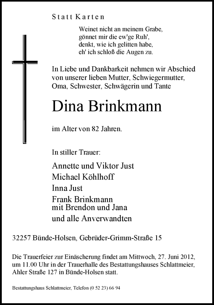  Traueranzeige für Dina Brinkmann vom 23.06.2012 aus Neue Westfälische