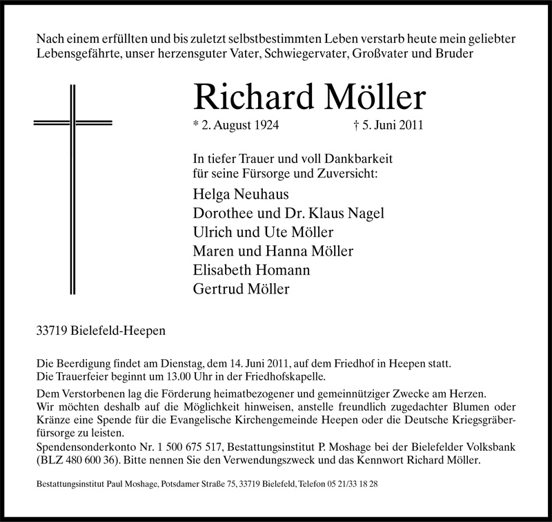  Traueranzeige für Richard Möller vom 08.06.2011 aus Neue Westfälische