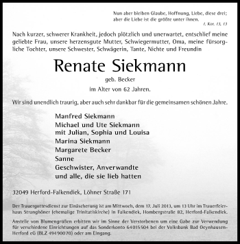 Traueranzeige von Renate Siekmann von Neue Westfälische