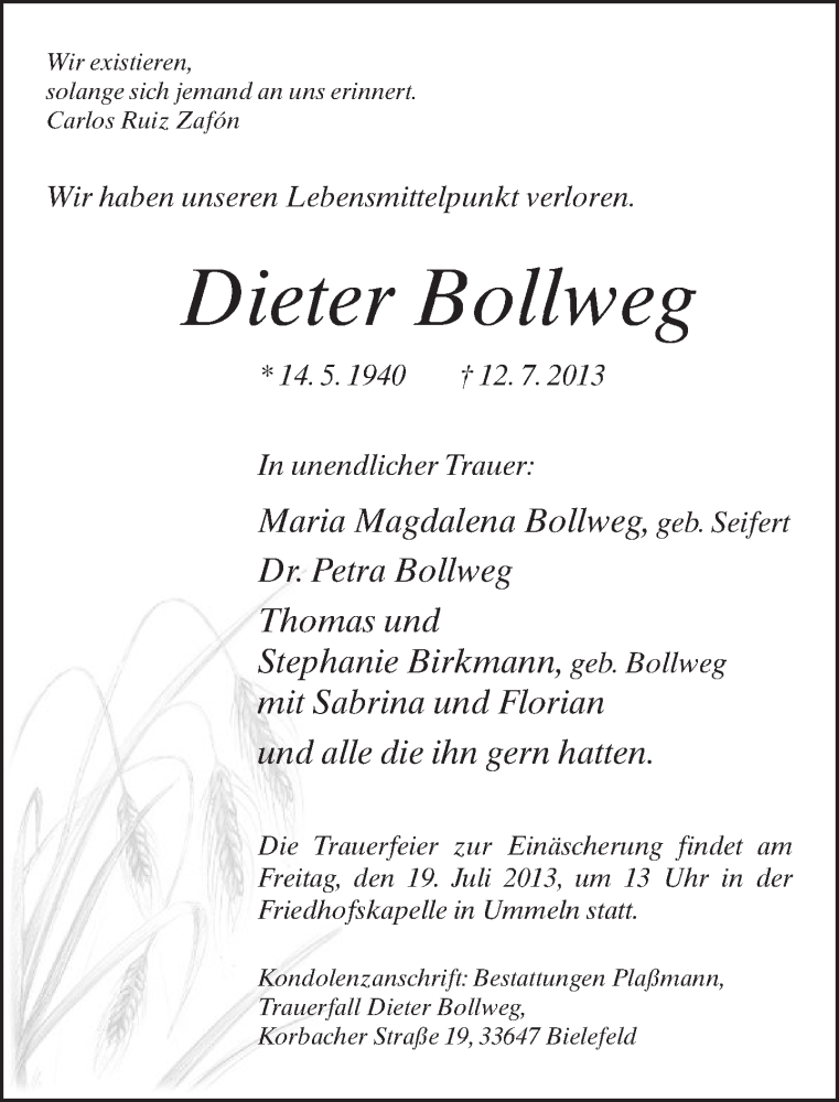  Traueranzeige für Dieter Bollweg vom 16.07.2013 aus Neue Westfälische