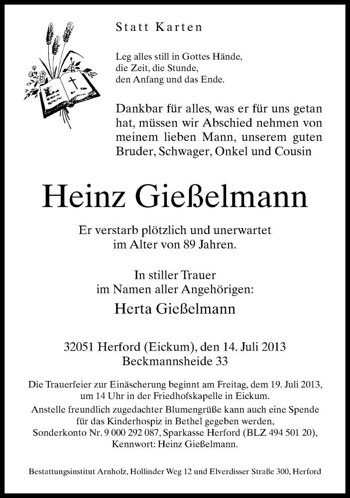  Traueranzeige für Heinz Gießelmann vom 17.07.2013 aus Neue Westfälische