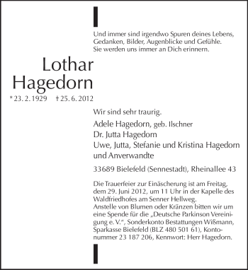 Traueranzeige von Lothar Hagedorn von Neue Westfälische