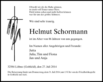 Traueranzeige von Helmut  Schormann von Neue Westfälische
