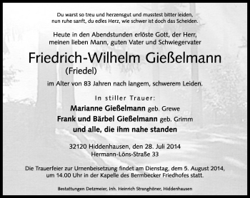 Traueranzeige von Friedrich-Wilhelm Gießelmann von Neue Westfälische