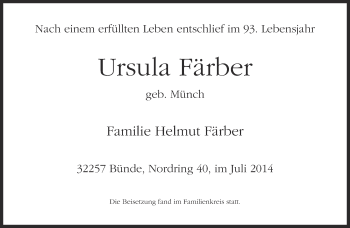 Traueranzeige von Ursula Färber von Neue Westfälische