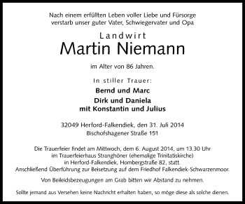 Traueranzeige von Martin Niemann von Neue Westfälische