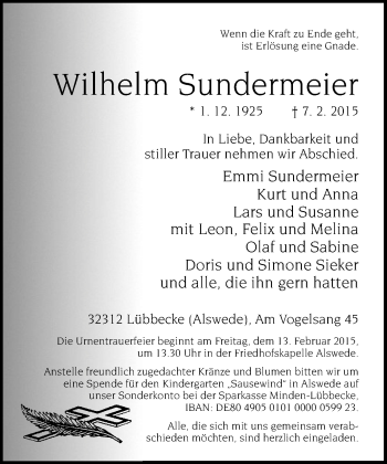 Traueranzeige von Wilhelm Sundermeier von Neue Westfälische