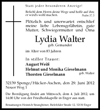 Traueranzeige von Lydia Walter von Neue Westfälische