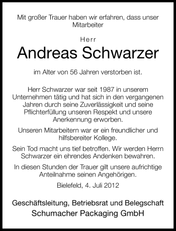 Traueranzeige von Andreas Schwarzer von Neue Westfälische