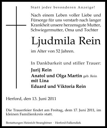 Traueranzeige von Ljudmila Rein von Neue Westfälische