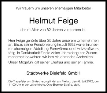 Traueranzeige von Helmut Feige von Neue Westfälische