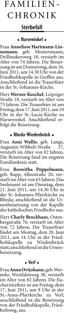  Traueranzeige für Anneliese Hartmann-Linnemann vom 16.06.2011 aus Neue Westfälische