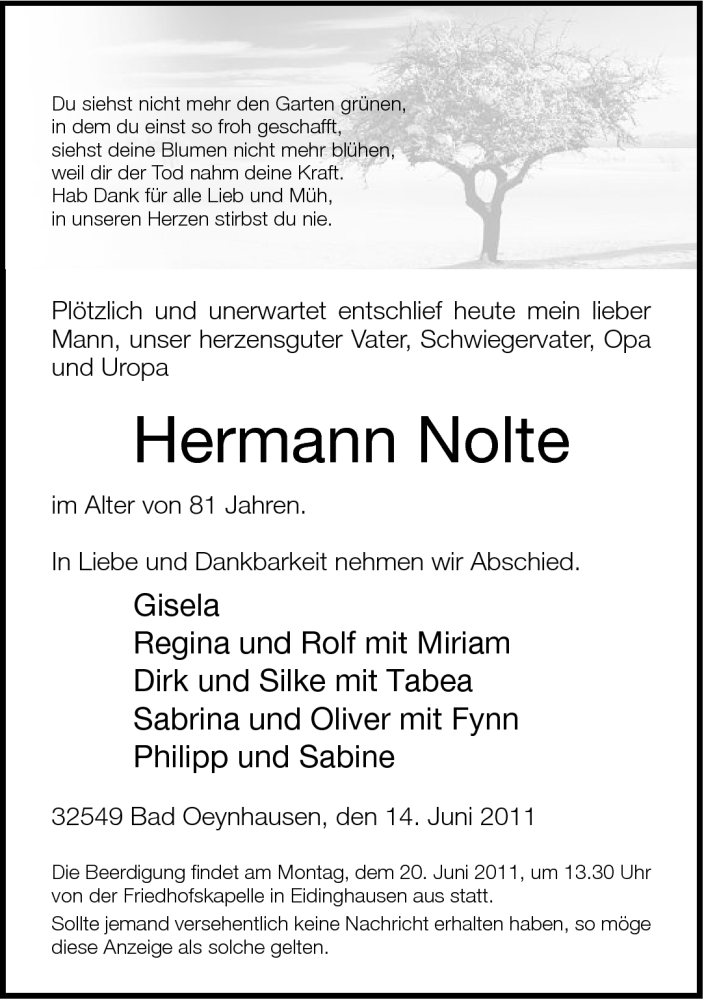  Traueranzeige für Hermann Nolte vom 16.06.2011 aus Neue Westfälische