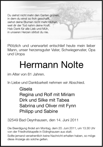 Traueranzeige von Hermann Nolte von Neue Westfälische