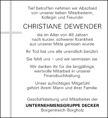 Traueranzeige von Christiane Dewender von Neue Westfälische