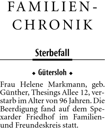 Traueranzeige von Helene Markmann von Neue Westfälische