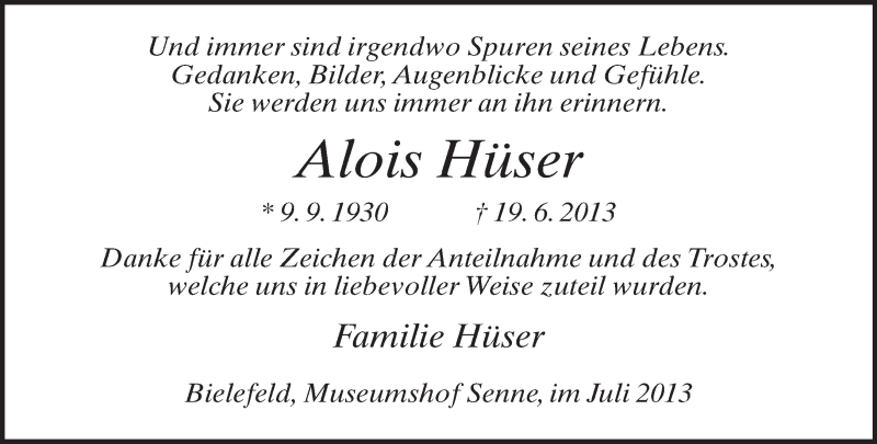  Traueranzeige für Alois Hüser vom 27.07.2013 aus Neue Westfälische