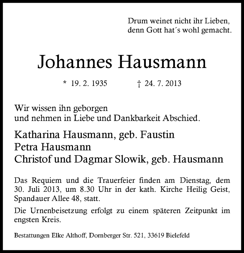  Traueranzeige für Johannes Hausmann vom 27.07.2013 aus Neue Westfälische