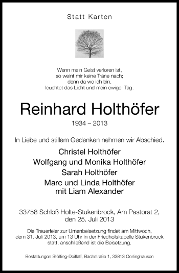 Traueranzeige von Reinhard Holthöfer von Neue Westfälische