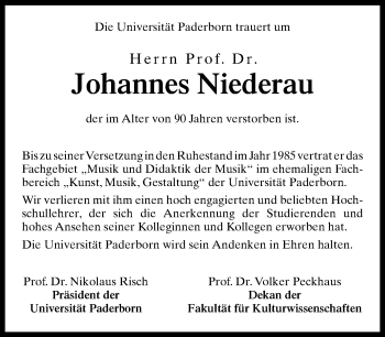 Traueranzeige von Johannes Niederau von Neue Westfälische