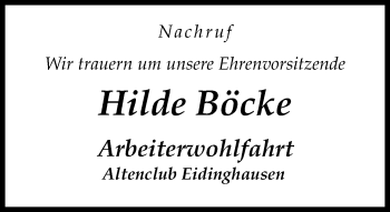 Traueranzeige von Hilde Böcke von Neue Westfälische