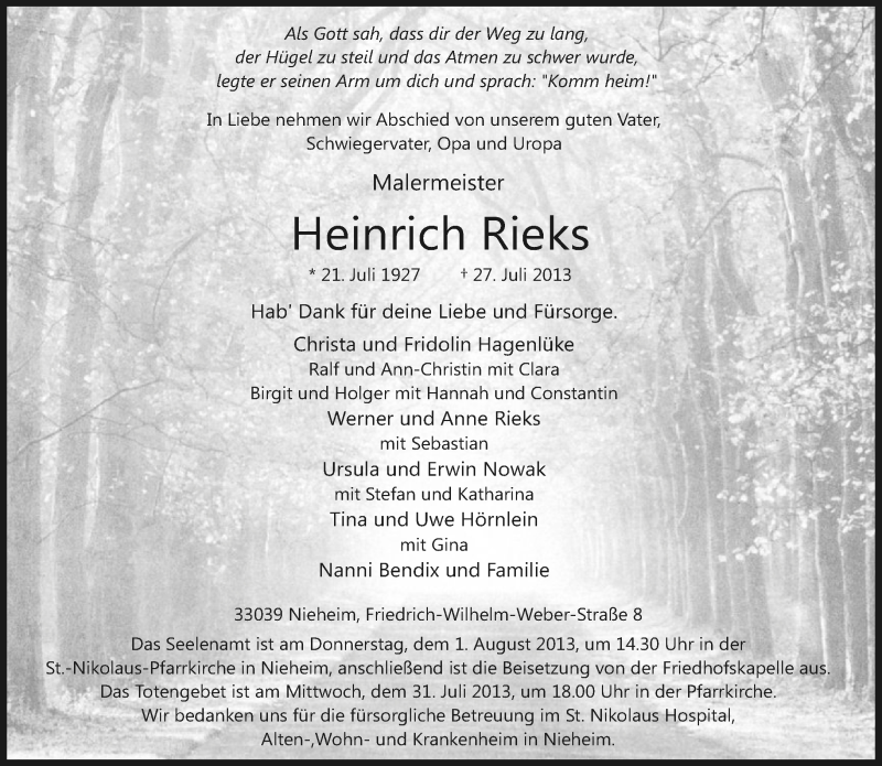  Traueranzeige für Heinrich Rieks vom 29.07.2013 aus Neue Westfälische