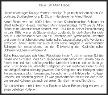 Traueranzeige von Alfred Riedel von Neue Westfälische
