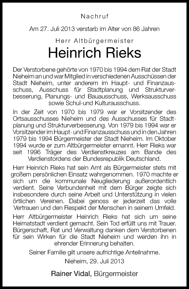  Traueranzeige für Heinrich Rieks vom 30.07.2013 aus Neue Westfälische