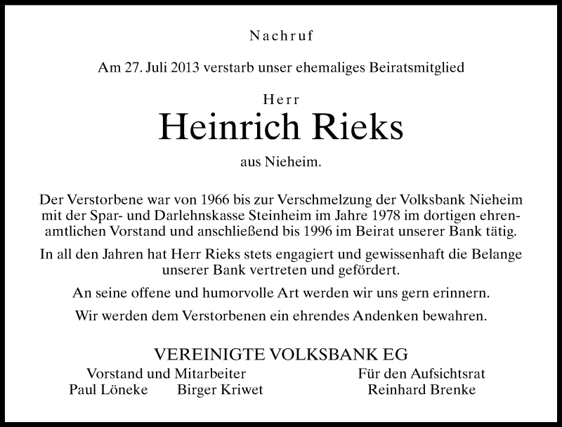  Traueranzeige für Heinrich Rieks vom 31.07.2013 aus Neue Westfälische