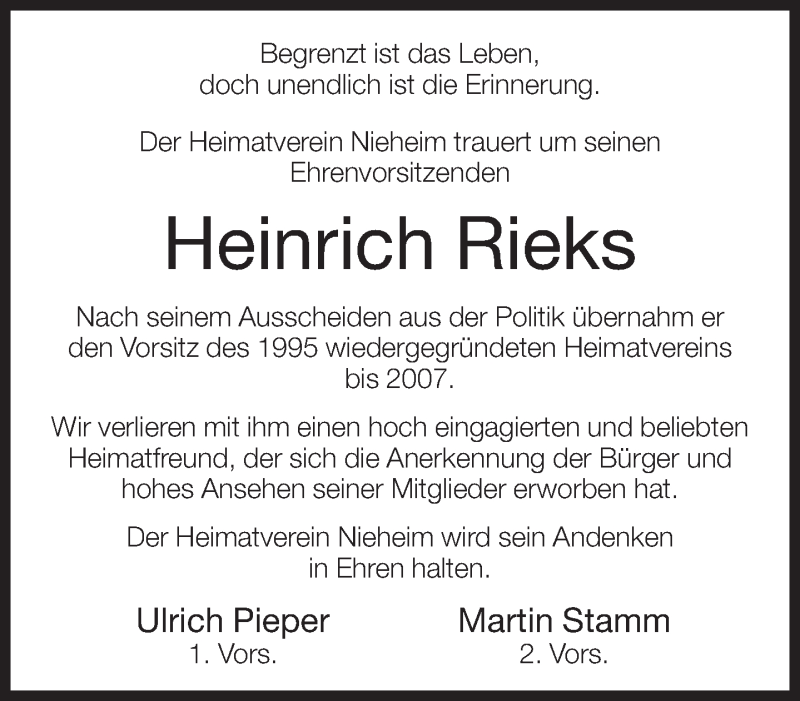  Traueranzeige für Heinrich Rieks vom 31.07.2013 aus Neue Westfälische