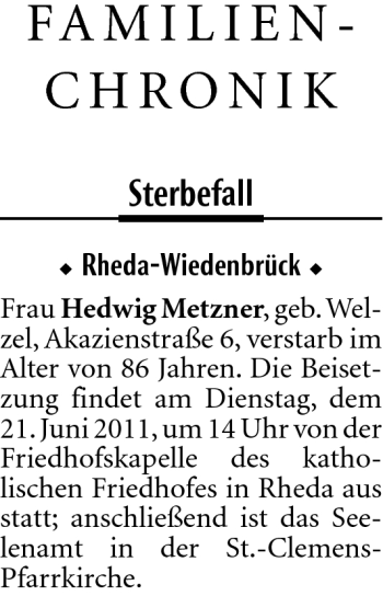 Traueranzeige von Hedwig Metzner von Neue Westfälische