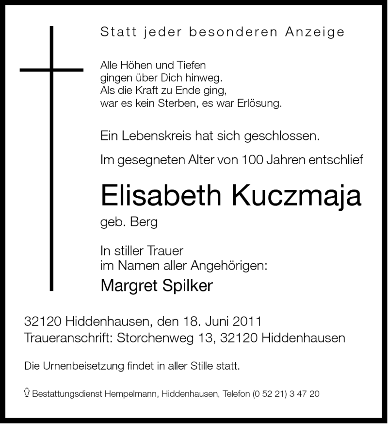 Traueranzeige für Elisabeth Kuczmaja vom 20.06.2011 aus Neue Westfälische