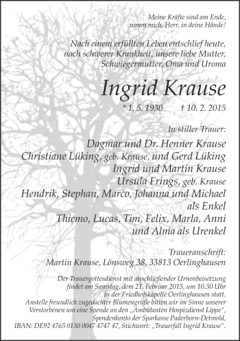 Traueranzeige von Ingrid Krause von Neue Westfälische