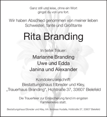 Traueranzeige von Rita Branding von Neue Westfälische