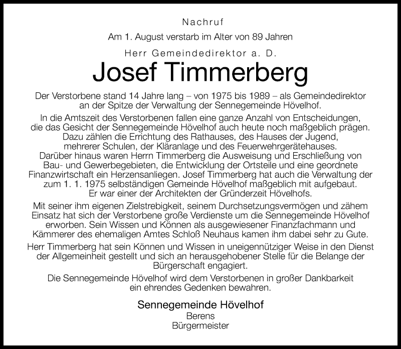  Traueranzeige für Josef Timmerberg vom 06.08.2013 aus Neue Westfälische