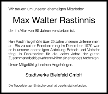 Traueranzeige von Max Walter Rastinnis von Neue Westfälische