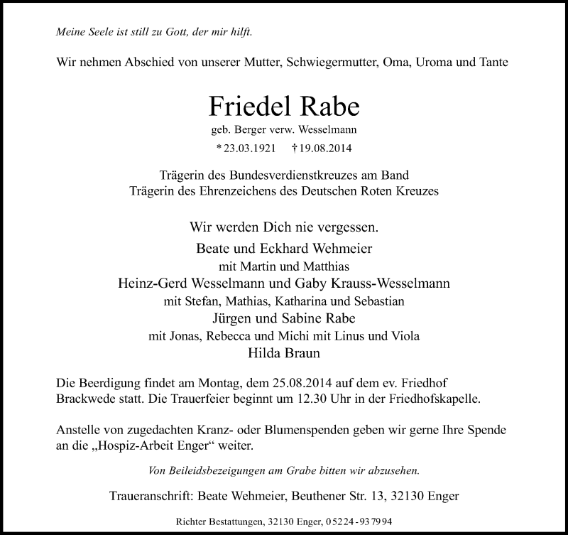  Traueranzeige für Friedel Rabe vom 21.08.2014 aus Neue Westfälische