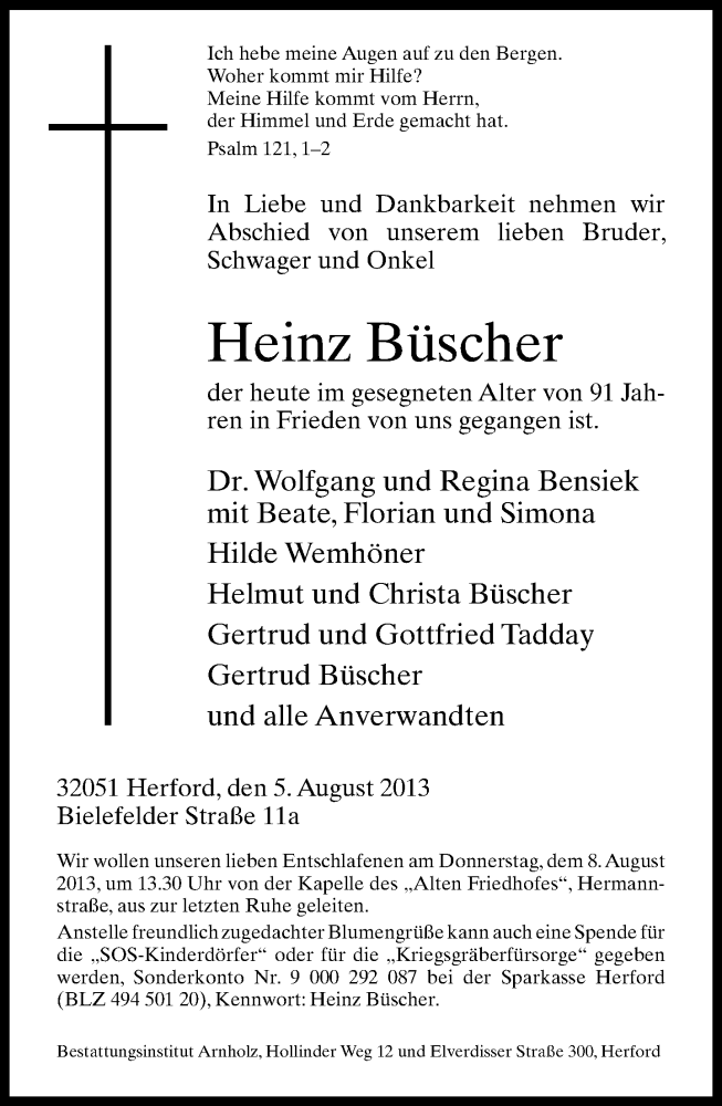  Traueranzeige für Heinz Büscher vom 06.08.2013 aus Neue Westfälische