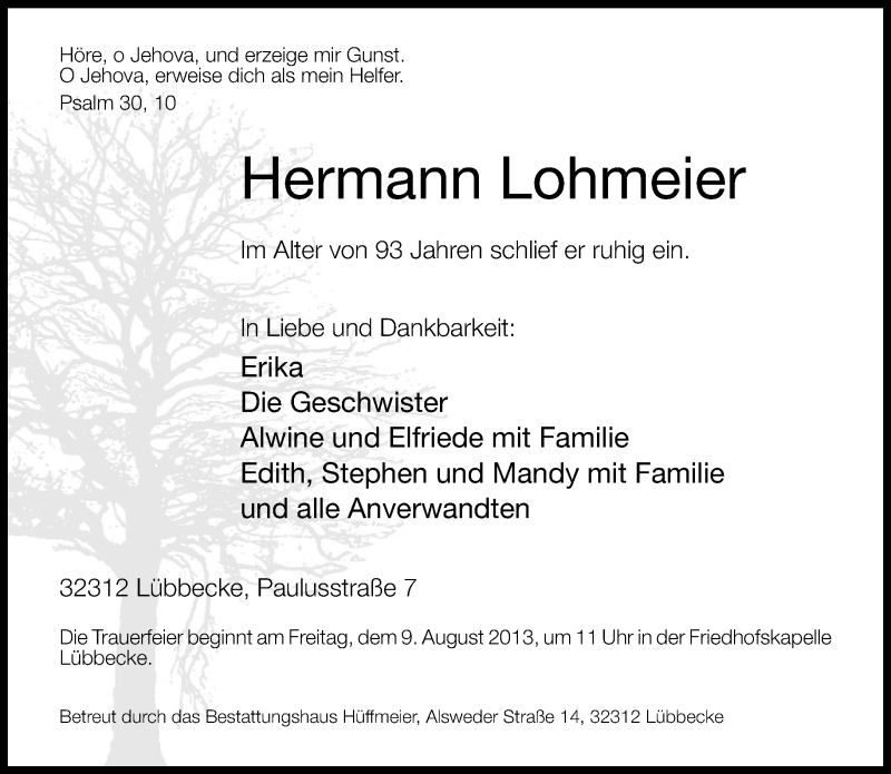  Traueranzeige für Hermann Lohmeier vom 07.08.2013 aus Neue Westfälische