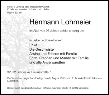 Traueranzeige von Hermann Lohmeier von Neue Westfälische