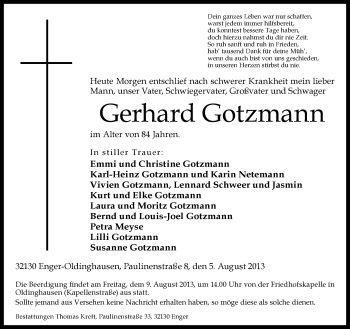 Traueranzeige von Gerhard Gotzmann von Neue Westfälische