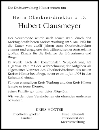 Traueranzeige von Hubert Clausmeyer von Neue Westfälische