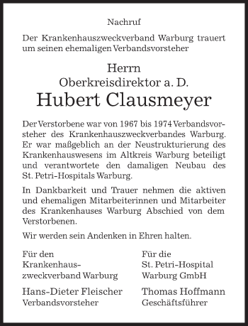 Traueranzeige von Hubert Clausmeyer von Neue Westfälische