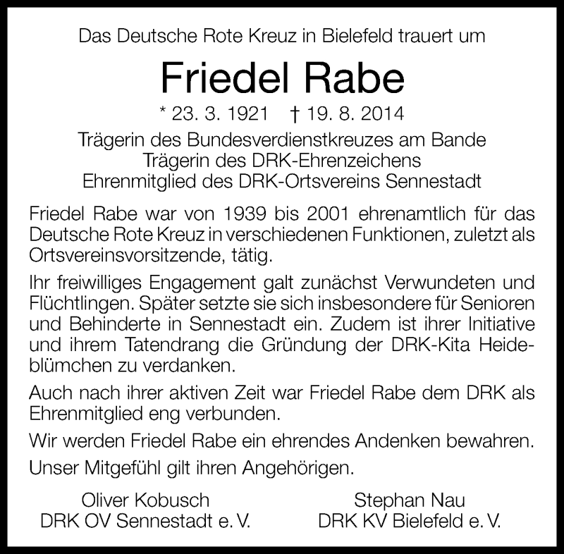  Traueranzeige für Friedel Rabe vom 25.08.2014 aus Neue Westfälische