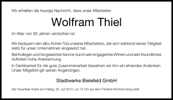 Traueranzeige von Wolfram Thiel von Neue Westfälische